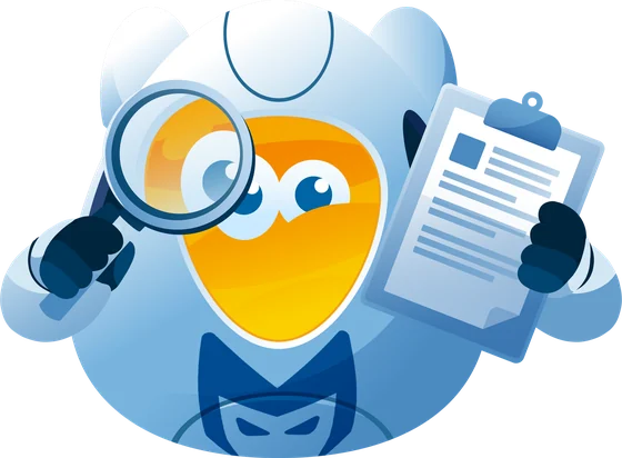 Alfred, the My Digital Hero robot, inspecting with a magnifying glass and clipboard